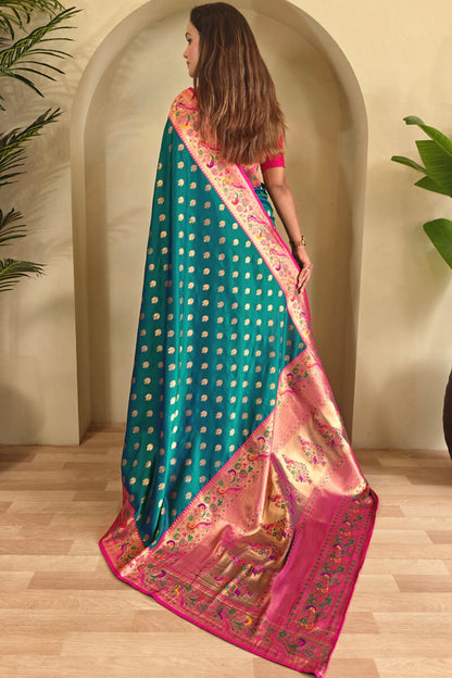 Engaging Rama Paithani Silk Saree With Glowing Blouse Piece