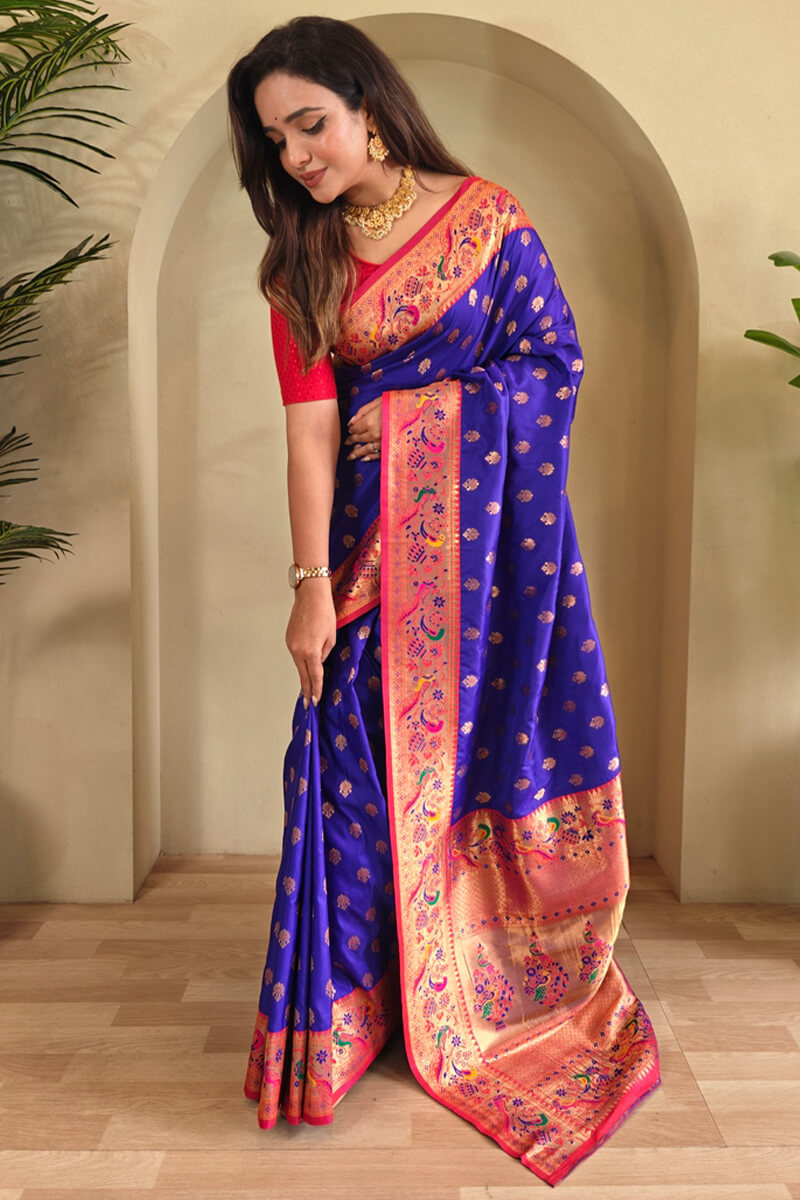 Mellifluous Royal Blue Paithani Silk Saree With Wonderful Blouse Piece