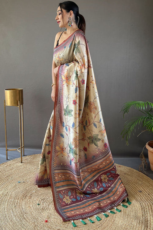 Load image into Gallery viewer, Delightful Beige Digital Printed Soft Silk Saree With Fairytale Blouse Piece
