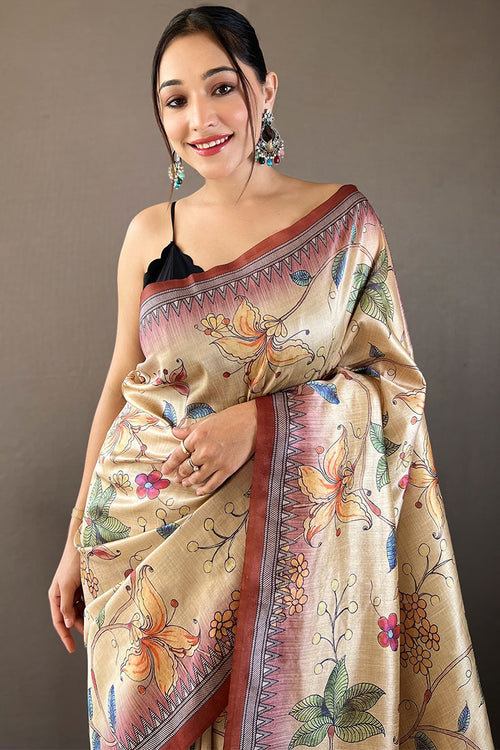 Load image into Gallery viewer, Delightful Beige Digital Printed Soft Silk Saree With Fairytale Blouse Piece
