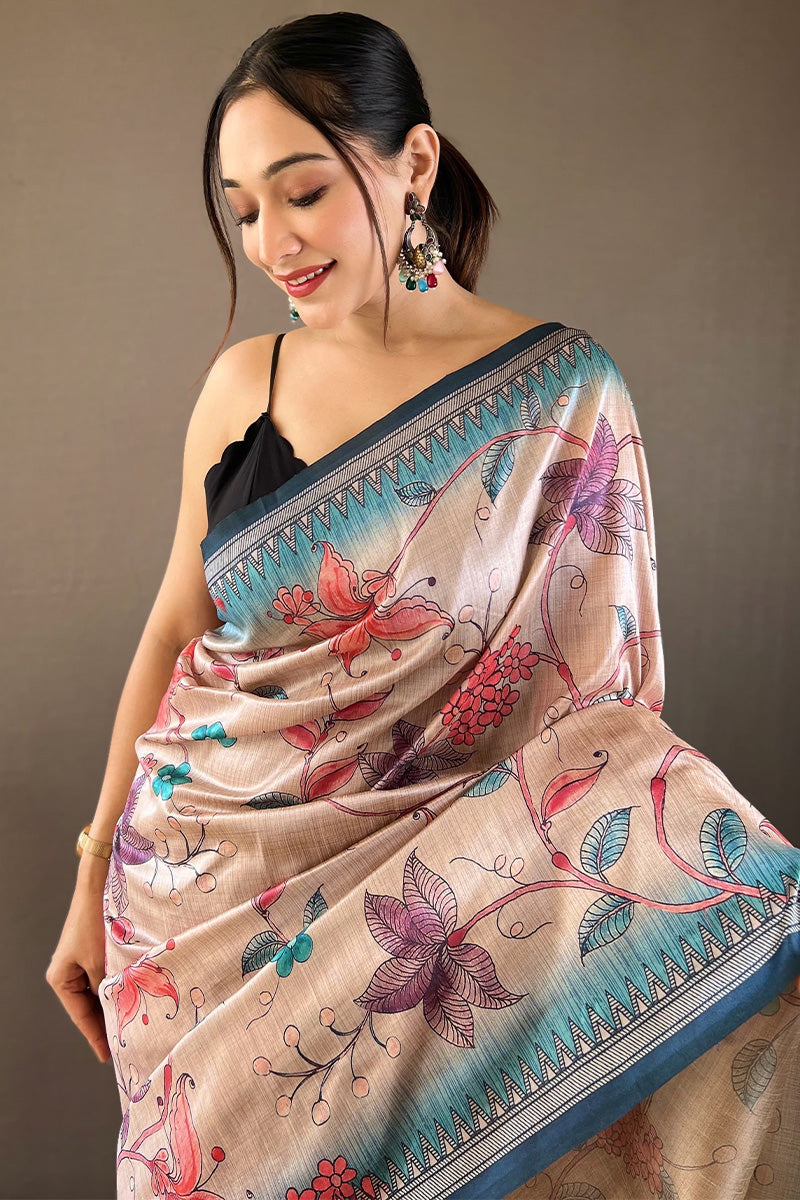 Enticing Beige Digital Printed Soft Silk Saree With Desuetude Blouse Piece