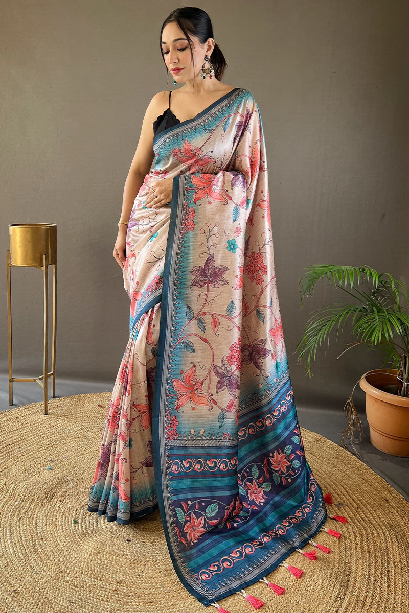 Enticing Beige Digital Printed Soft Silk Saree With Desuetude Blouse Piece