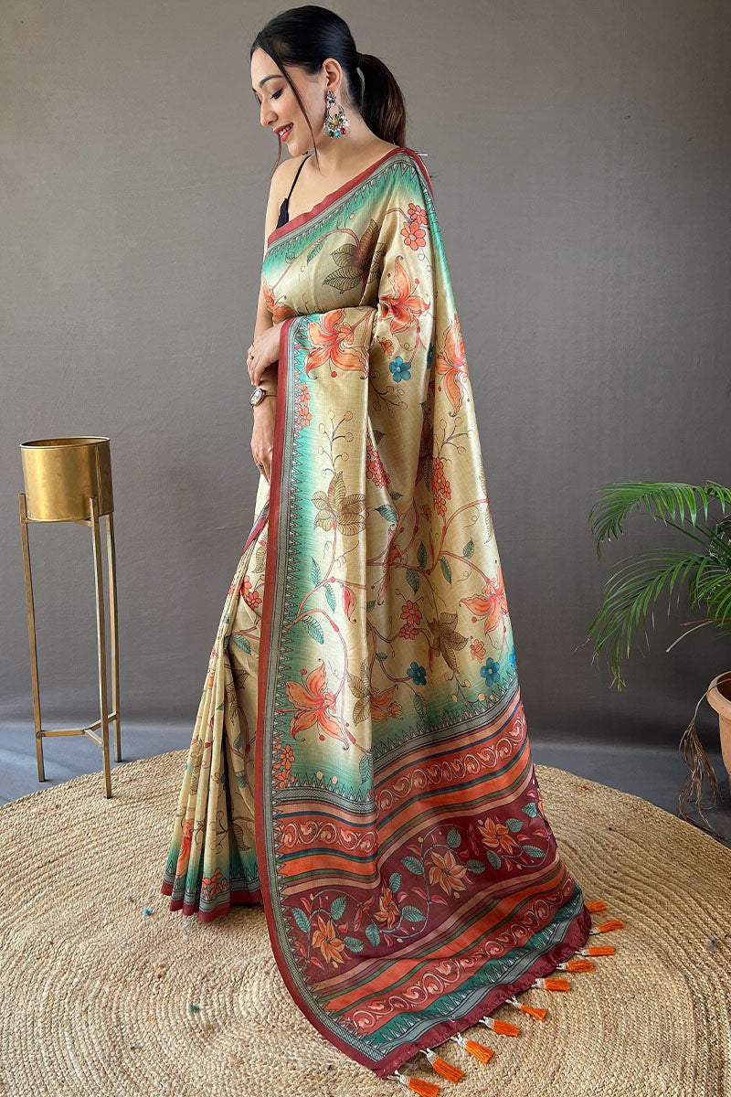 Fugacious Dark Beige Digital Printed Soft Silk Saree With Panoply Blouse Piece