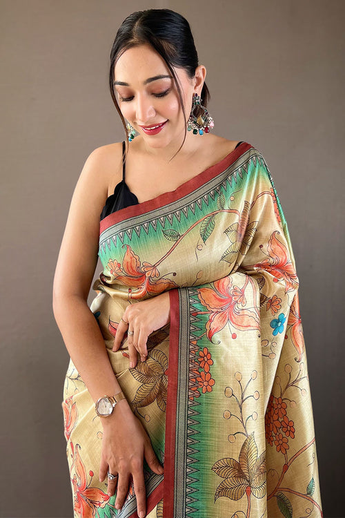 Load image into Gallery viewer, Fugacious Dark Beige Digital Printed Soft Silk Saree With Panoply Blouse Piece
