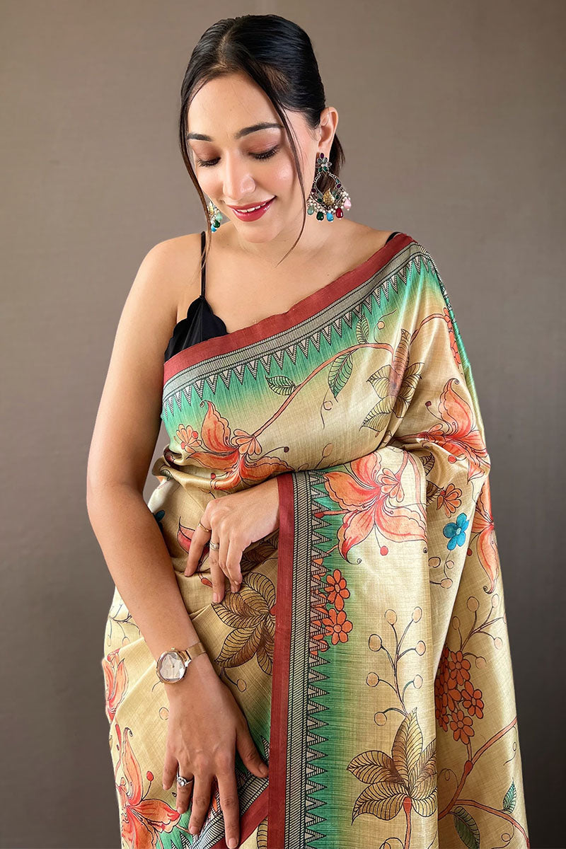 Fugacious Dark Beige Digital Printed Soft Silk Saree With Panoply Blouse Piece