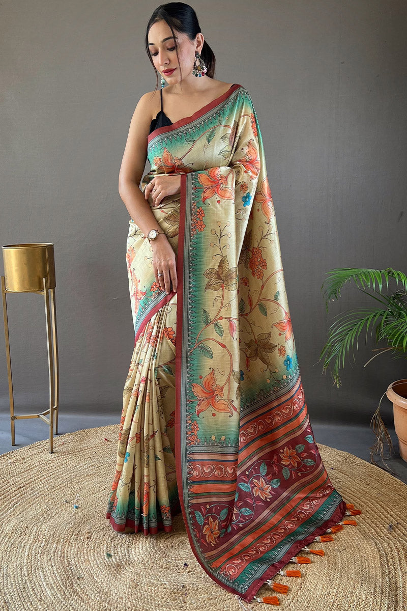 Fugacious Dark Beige Digital Printed Soft Silk Saree With Panoply Blouse Piece