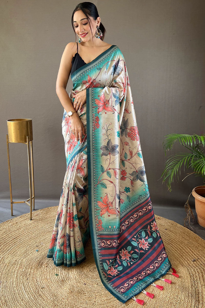 Transcendent Beige Digital Printed Soft Silk Saree With Profuse Blouse Piece