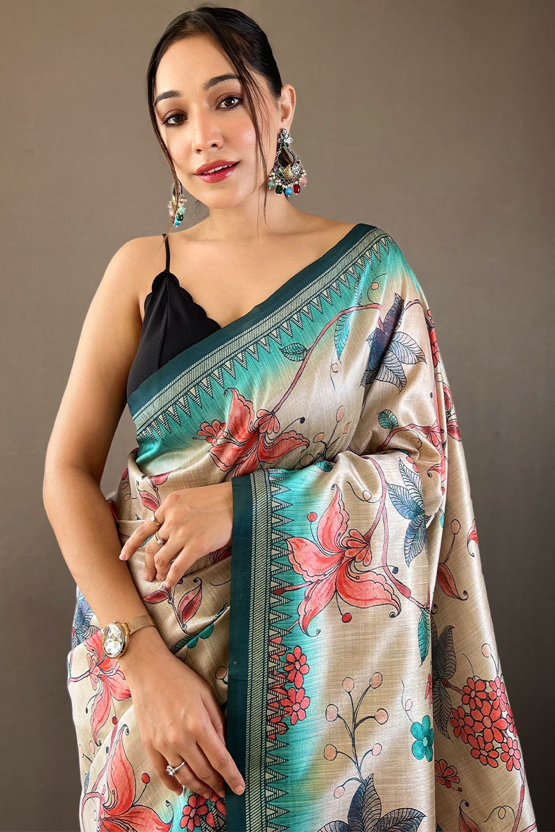 Transcendent Beige Digital Printed Soft Silk Saree With Profuse Blouse Piece