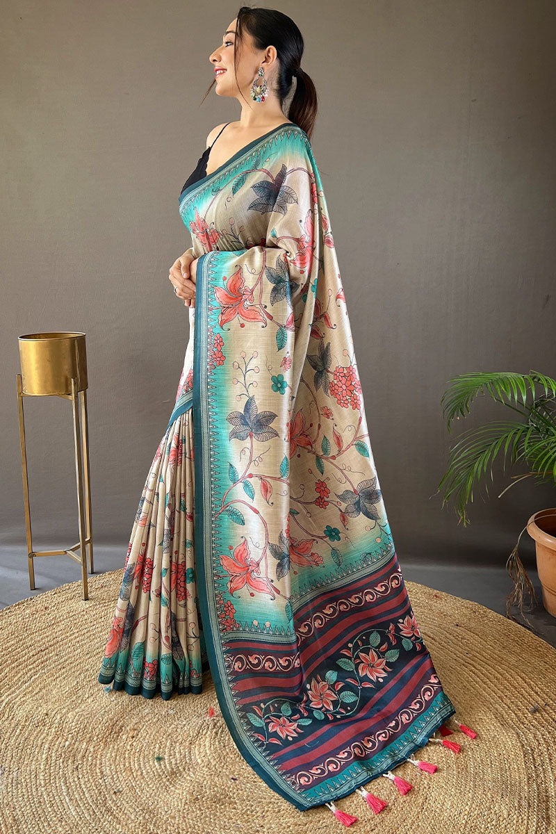 Transcendent Beige Digital Printed Soft Silk Saree With Profuse Blouse Piece