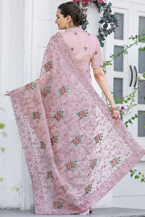 Load image into Gallery viewer, Glowing Baby Pink Embroidery Work Chiffon Silk Saree With Opulent Blouse Piece
