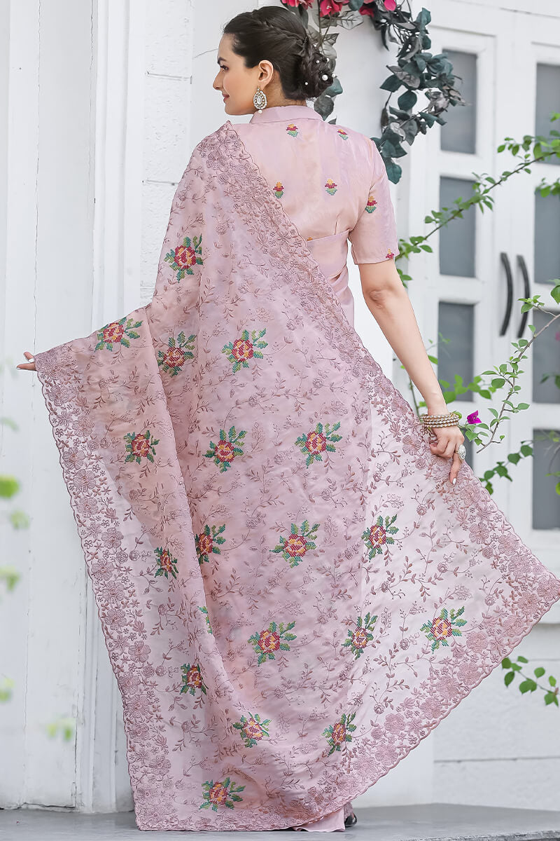 Glowing Baby Pink Embroidery Work Chiffon Silk Saree With Opulent Blouse Piece