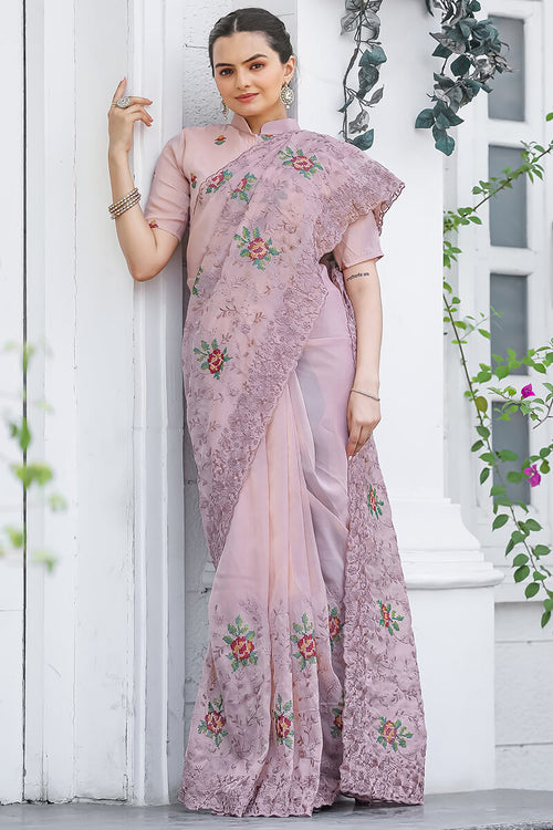 Load image into Gallery viewer, Glowing Baby Pink Embroidery Work Chiffon Silk Saree With Opulent Blouse Piece
