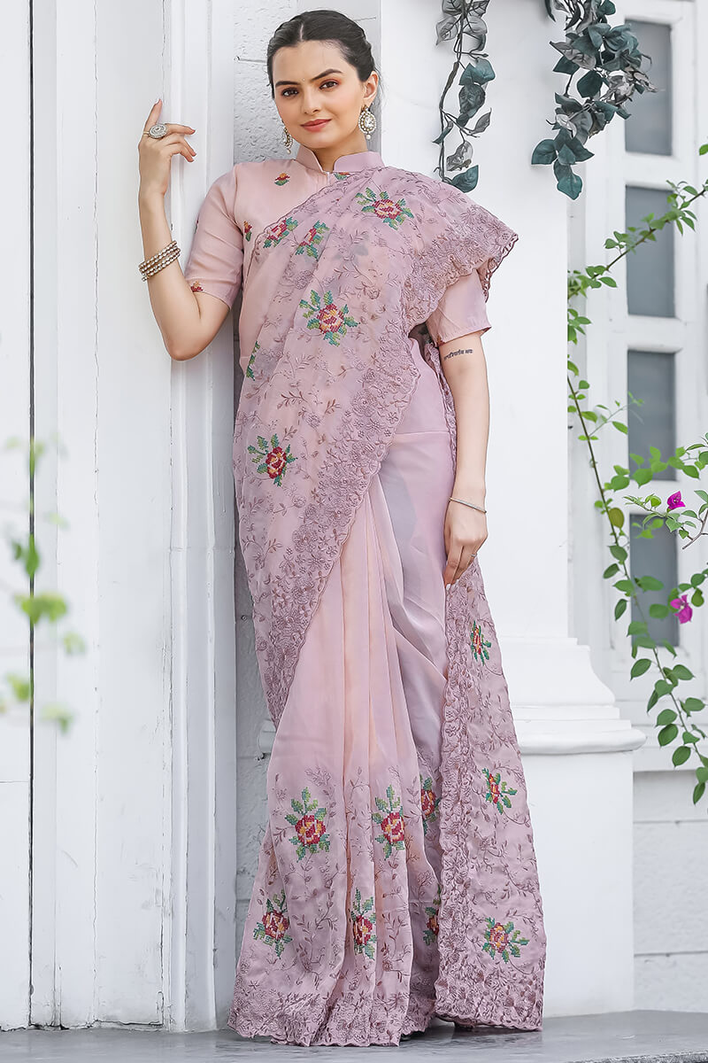 Glowing Baby Pink Embroidery Work Chiffon Silk Saree With Opulent Blouse Piece