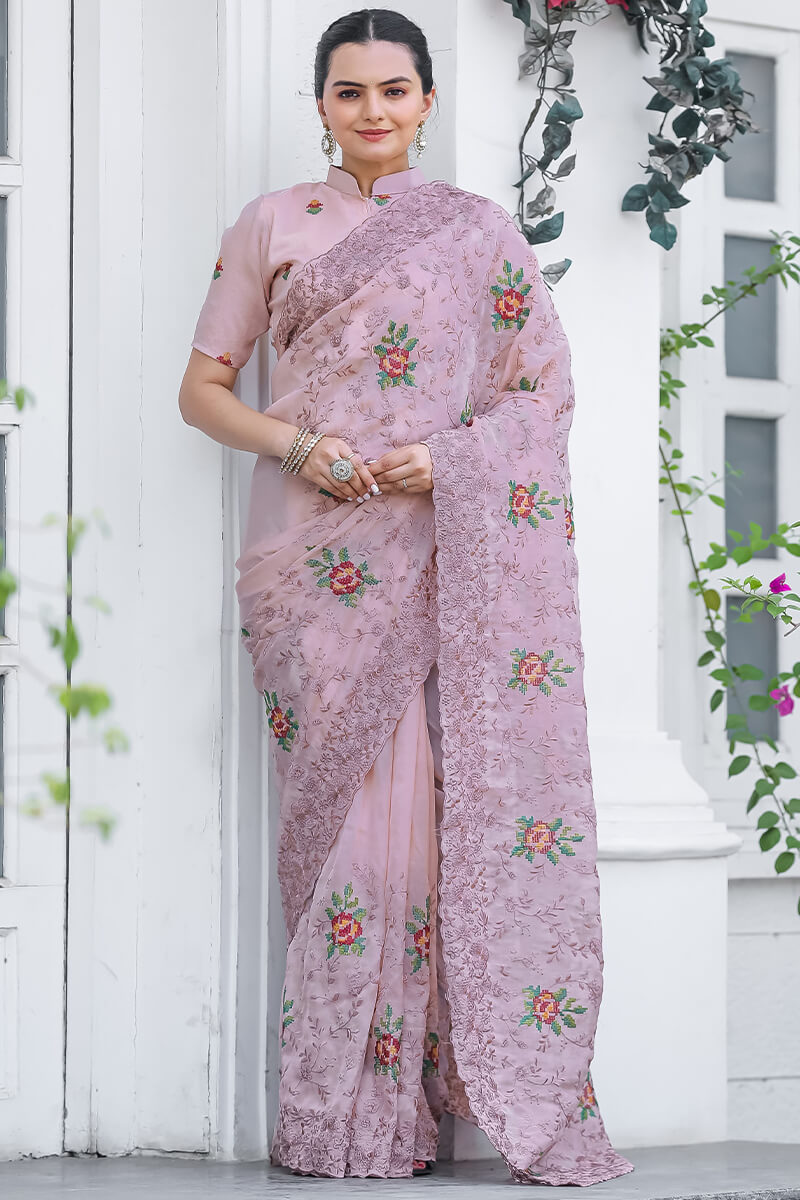 Glowing Baby Pink Embroidery Work Chiffon Silk Saree With Opulent Blouse Piece