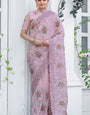 Glowing Baby Pink Embroidery Work Chiffon Silk Saree With Opulent Blouse Piece