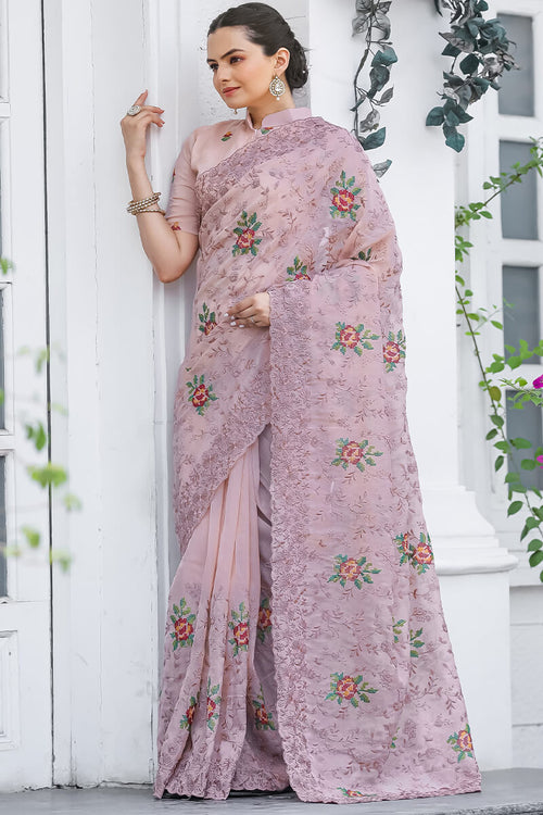 Load image into Gallery viewer, Glowing Baby Pink Embroidery Work Chiffon Silk Saree With Opulent Blouse Piece
