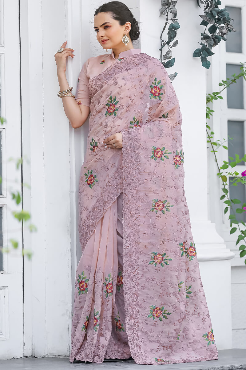 Glowing Baby Pink Embroidery Work Chiffon Silk Saree With Opulent Blouse Piece