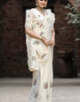 Twirling Beige Embroidery Work Chiffon Silk Saree With Brood Blouse Piece