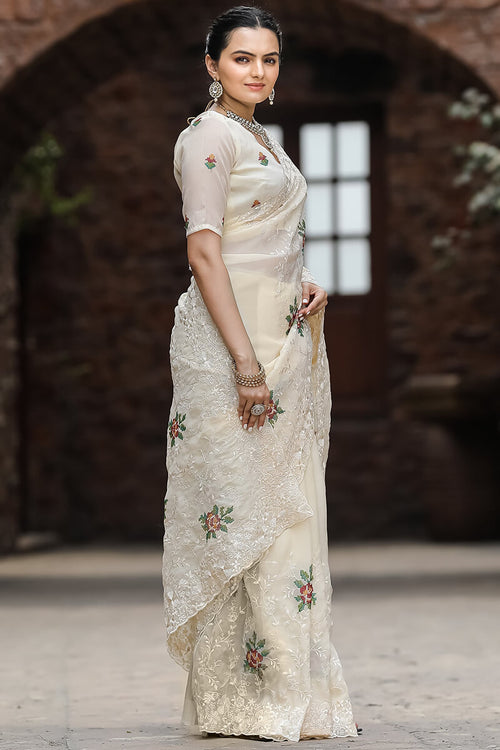 Load image into Gallery viewer, Twirling Beige Embroidery Work Chiffon Silk Saree With Brood Blouse Piece
