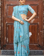 Murmurous Firozi Embroidery Work Chiffon Silk Saree With Devastating Blouse Piece