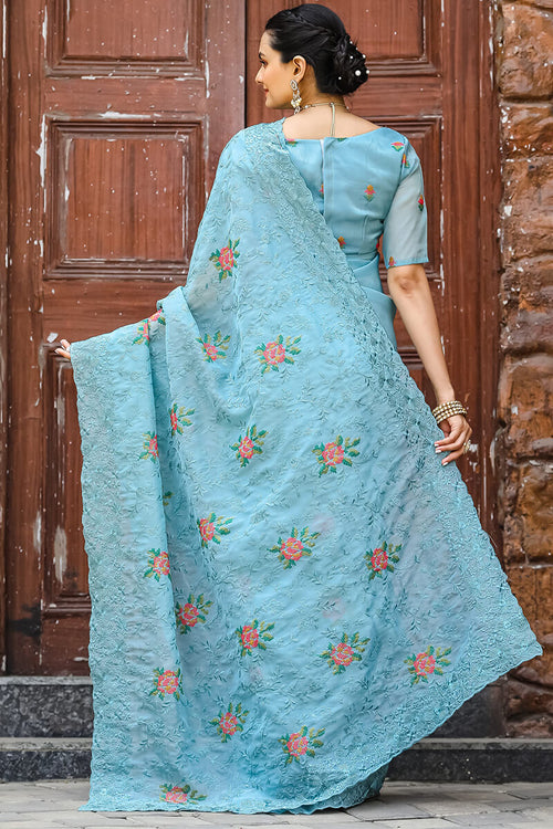 Load image into Gallery viewer, Murmurous Firozi Embroidery Work Chiffon Silk Saree With Devastating Blouse Piece
