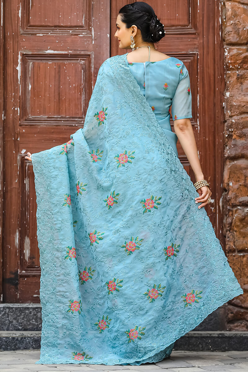 Murmurous Firozi Embroidery Work Chiffon Silk Saree With Devastating Blouse Piece