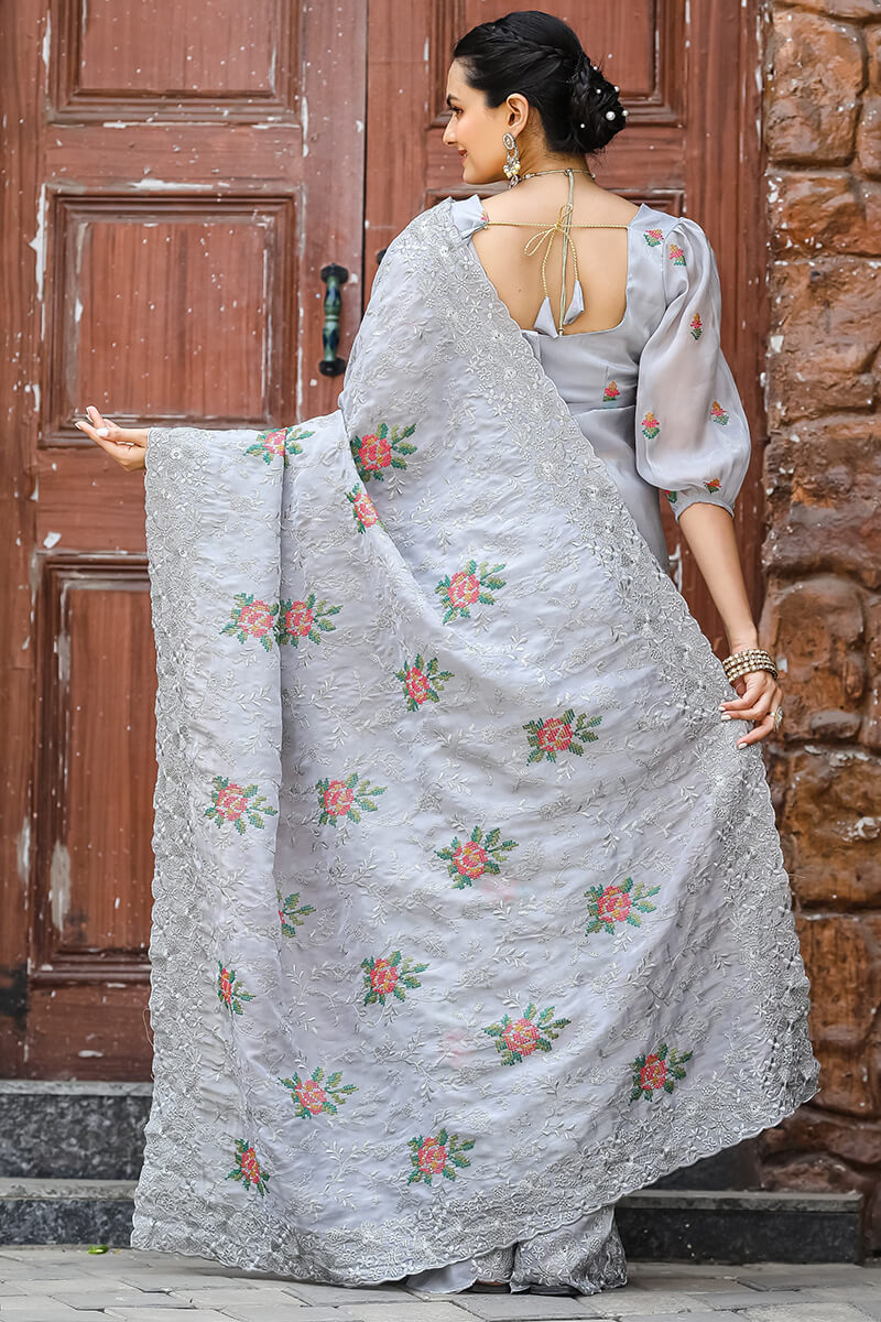 Magnificat Grey Embroidery Work Chiffon Silk Saree With Piquant Blouse Piece
