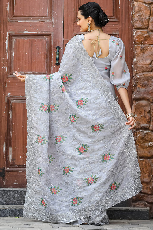 Load image into Gallery viewer, Magnificat Grey Embroidery Work Chiffon Silk Saree With Piquant Blouse Piece
