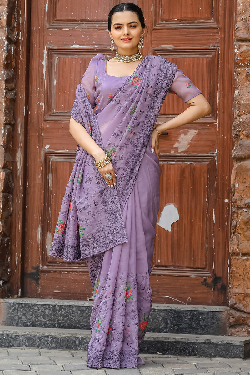 Resonant Lavender Embroidery Work Chiffon Silk Saree With Mellifluous Blouse Piece