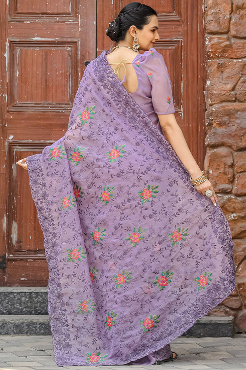 Load image into Gallery viewer, Resonant Lavender Embroidery Work Chiffon Silk Saree With Mellifluous Blouse Piece
