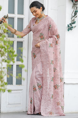 Zephyr Peach Embroidery Work Chiffon Silk Saree With Inimitable Blouse Piece