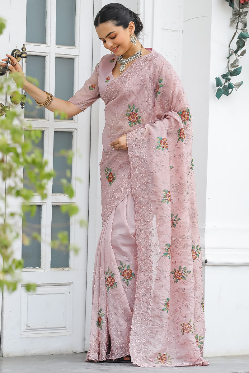 Zephyr Peach Embroidery Work Chiffon Silk Saree With Inimitable Blouse Piece