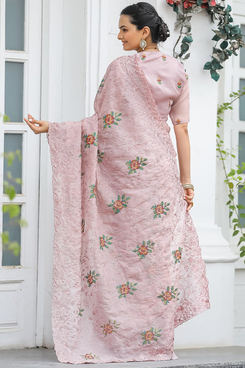 Load image into Gallery viewer, Zephyr Peach Embroidery Work Chiffon Silk Saree With Inimitable Blouse Piece
