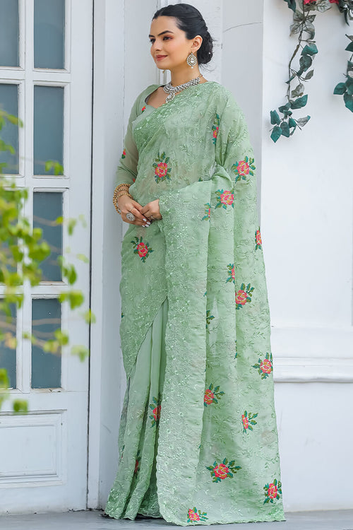 Load image into Gallery viewer, Eclat Pista Embroidery Work Chiffon Silk Saree With Rhapsodic Blouse Piece
