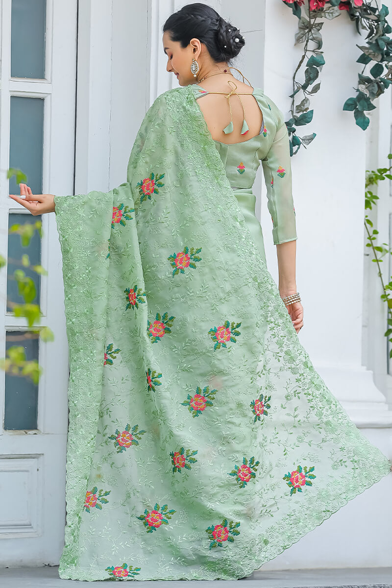 Eclat Pista Embroidery Work Chiffon Silk Saree With Rhapsodic Blouse Piece