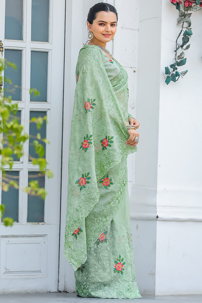 Eclat Pista Embroidery Work Chiffon Silk Saree With Rhapsodic Blouse Piece