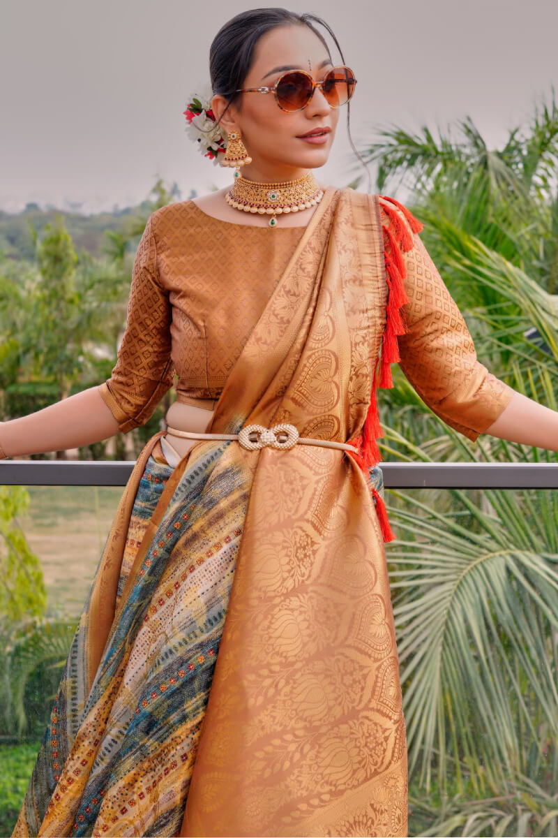 Quintessential Brown Digital Printed Organza Silk Saree With Lassitude Blouse Piece