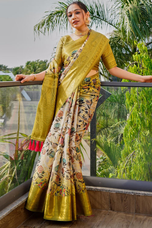 Load image into Gallery viewer, Effervescent Mehndi Digital Printed Organza Silk Saree With Cynosure Blouse Piece
