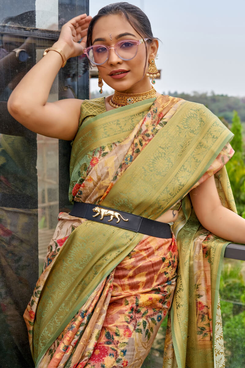 Evanescent Peach Digital Printed Organza Silk Saree With Nemesis Blouse Piece