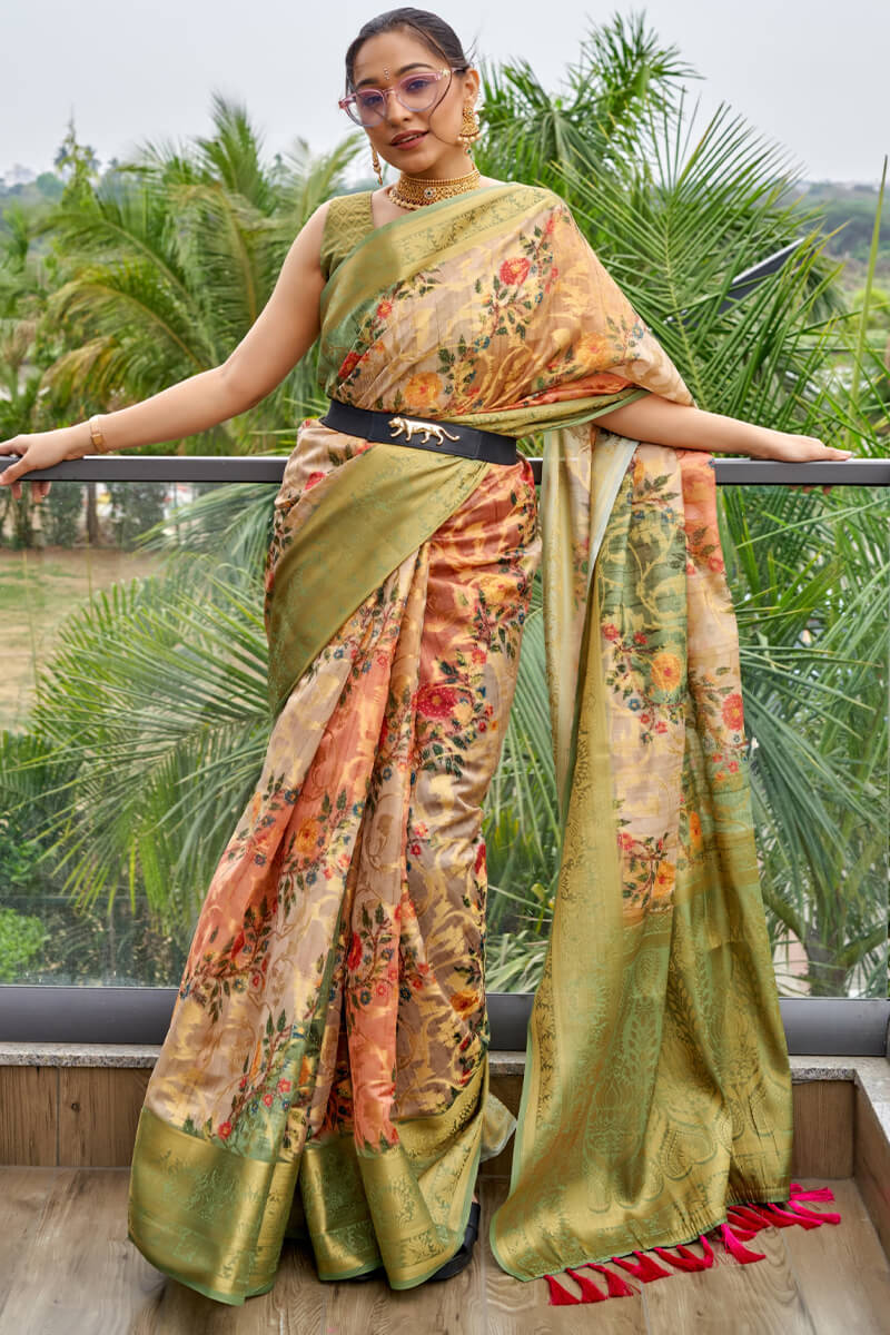 Evanescent Peach Digital Printed Organza Silk Saree With Nemesis Blouse Piece