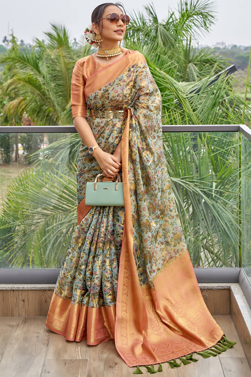 Redolent Pista Digital Printed Organza Silk Saree With Woebegone Blouse Piece