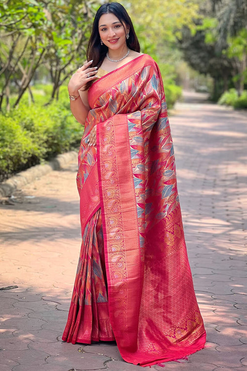 Load image into Gallery viewer, Flaunt Dark Pink Kanjivaram Silk Saree With Sizzling  Blouse Piece
