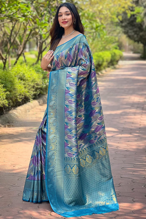 Load image into Gallery viewer, Gorgeous Firozi Kanjivaram Silk Saree With Stylish Blouse Piece
