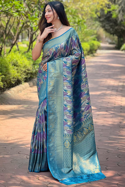 Load image into Gallery viewer, Gorgeous Firozi Kanjivaram Silk Saree With Stylish Blouse Piece
