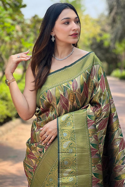 Load image into Gallery viewer, Invaluable Green Kanjivaram Silk Saree With Intricate Blouse Piece
