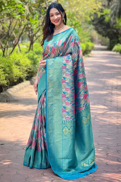 Load image into Gallery viewer, Admirable Turquoise Kanjivaram Silk Saree With Dissemble Blouse Piece
