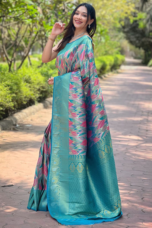 Load image into Gallery viewer, Admirable Turquoise Kanjivaram Silk Saree With Dissemble Blouse Piece
