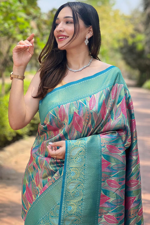 Load image into Gallery viewer, Admirable Turquoise Kanjivaram Silk Saree With Dissemble Blouse Piece
