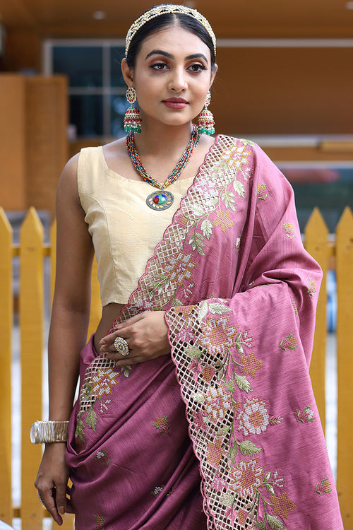 Load image into Gallery viewer, Gratifying Pink Embroidery Work Soft Silk Saree With Groovy Blouse Piece
