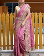 Gratifying Pink Embroidery Work Soft Silk Saree With Groovy Blouse Piece